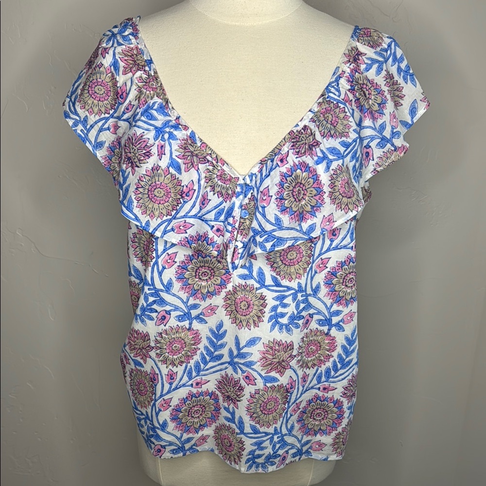 J. Crew Floral Blue & Pink Ruffle Blouse